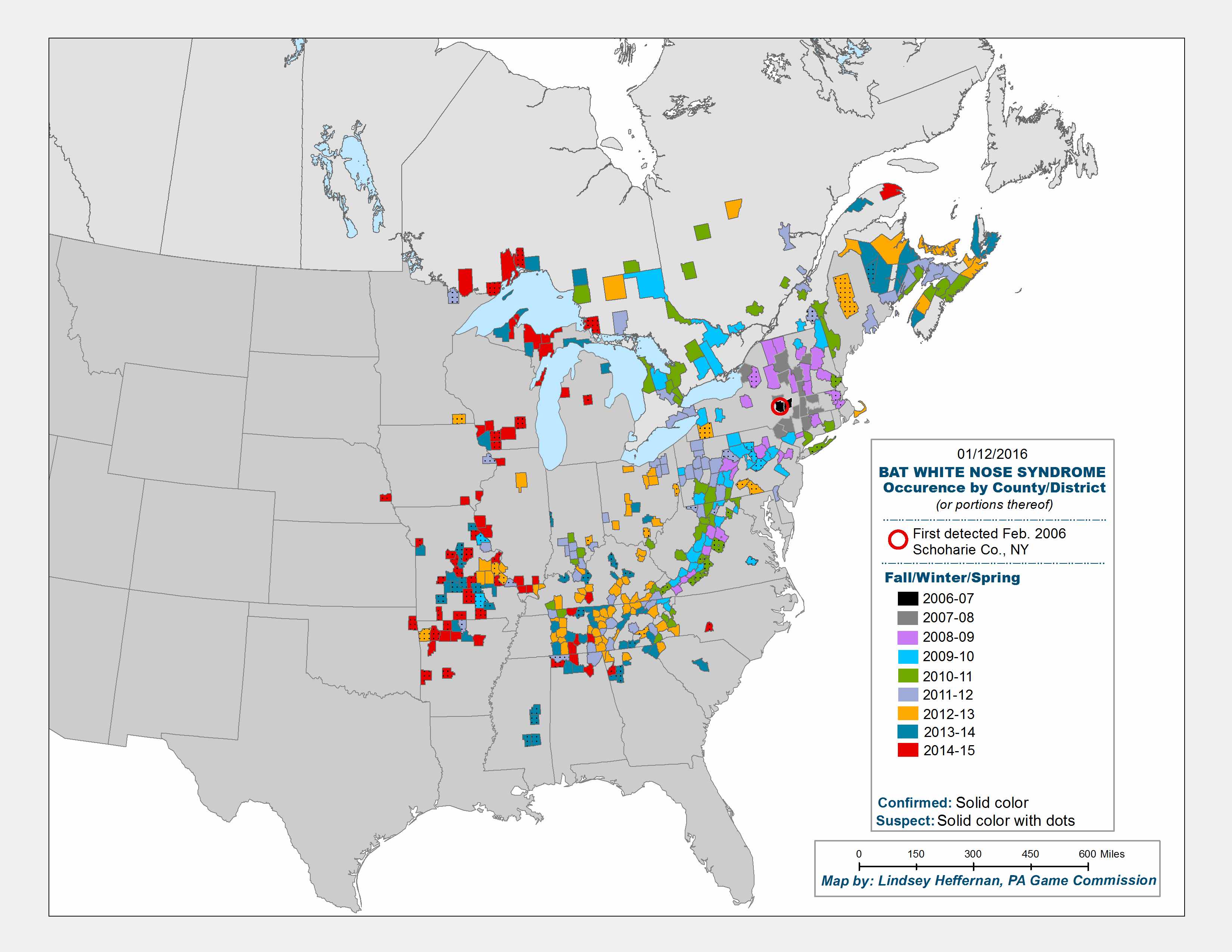 Map of areas affected by White Nose Syndrome